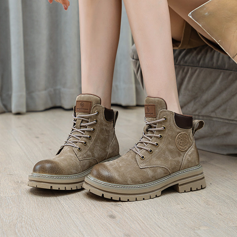 Khaki Motorcycle Female Hidden Platform Ankle Couple Boots