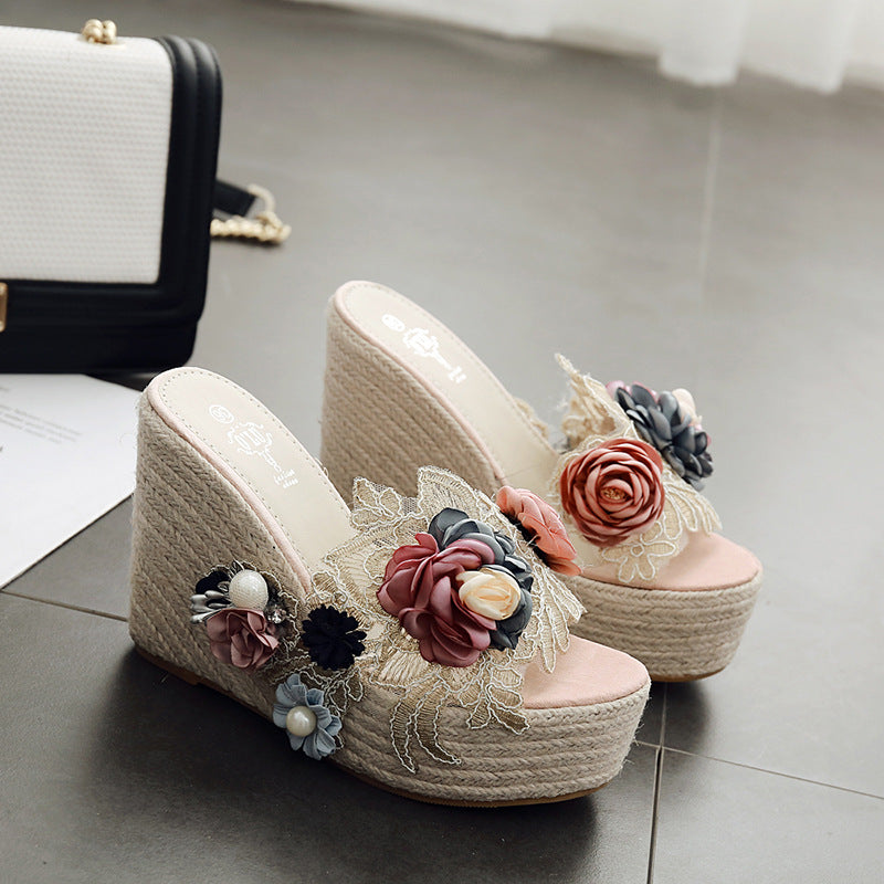 Women's Platform Hemp Rope Woven Flower Pearl Transparent Sandals