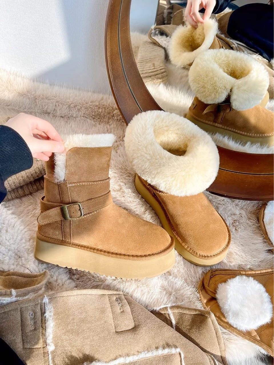 Women's Goddess Ring Two-way Real Fur Low Cut Cowhide Wool Snow Boots