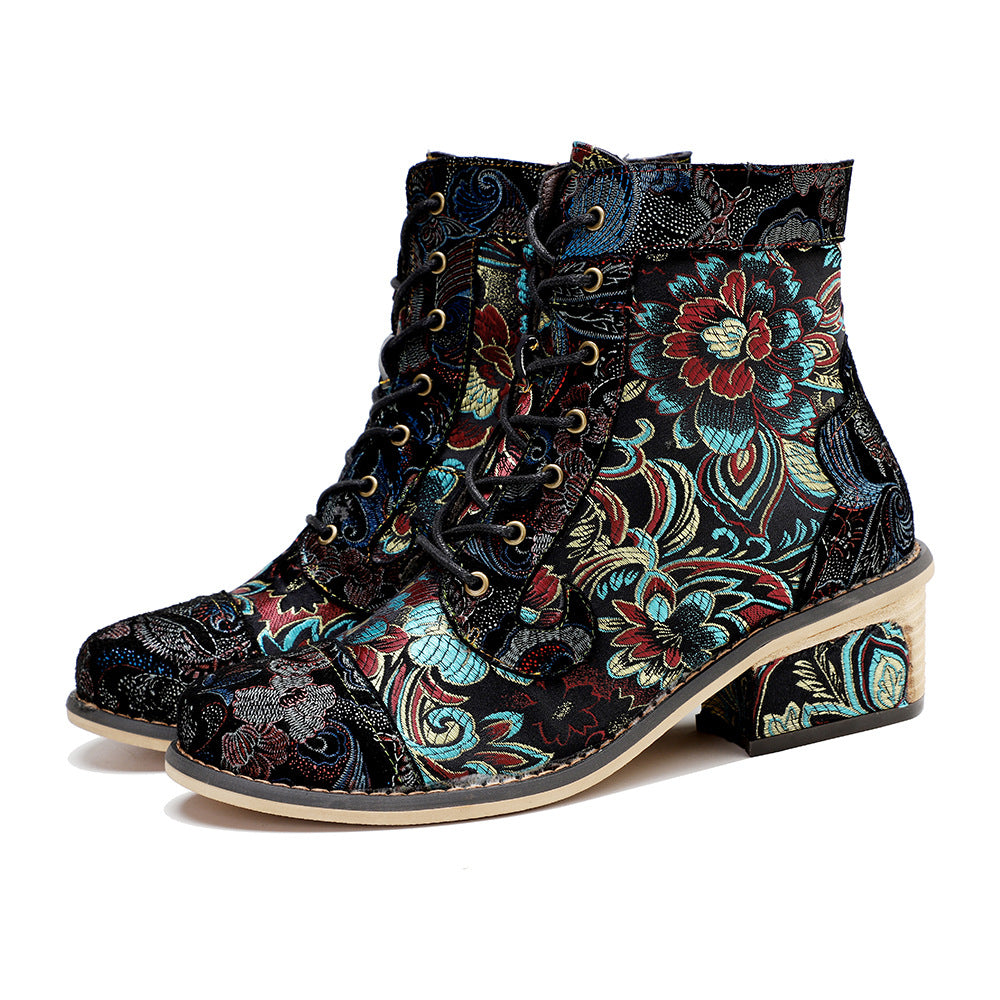 Women's Retro Printed Chinese Style Embroidery Stitching Boots