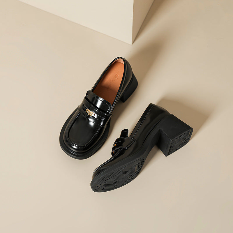 Women's Round Head Gold Coin Increased Chunky Loafers