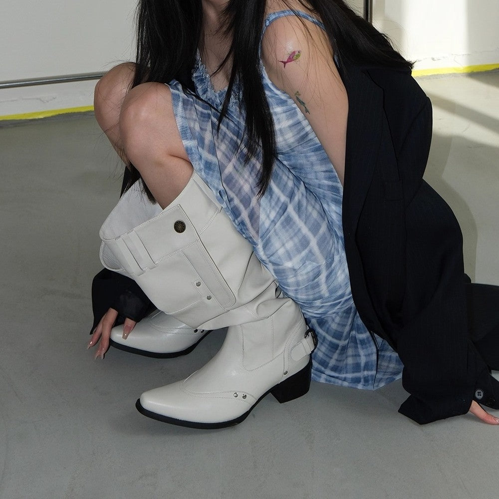 Women's Pointed Toe High Pile Style White Retro Boots