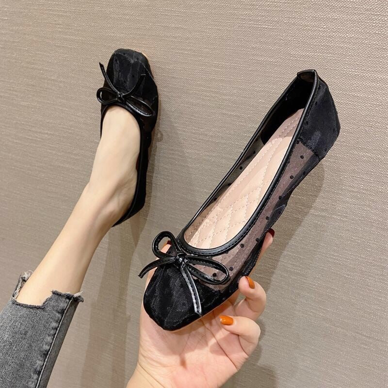 Mesh Fairy Summer Versatile Square Toe Flat Bow Casual Shoes