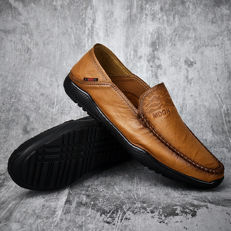 Men's Layer Cowhide Breathable One Pedal Round Leather Shoes
