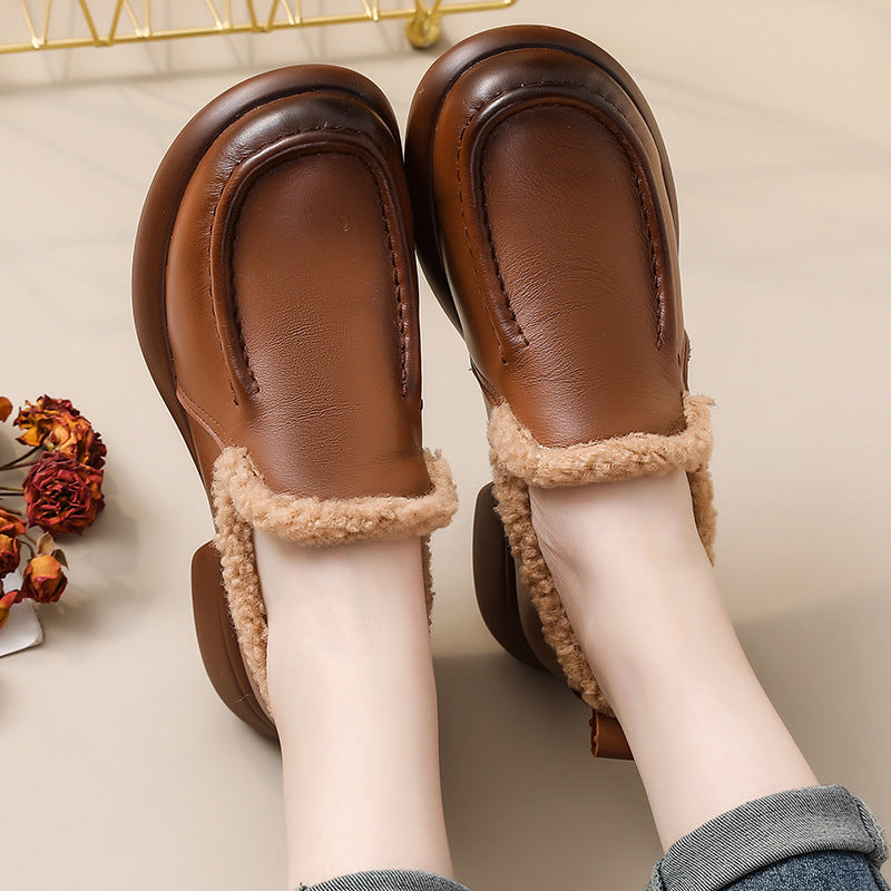 Cowhide Fluffy Thick Bottom Winter Plush Chunky High Loafers