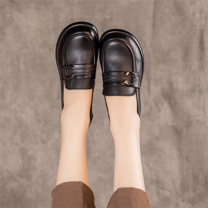 Spring British Deep Mouth Chunky Round Leather Shoes