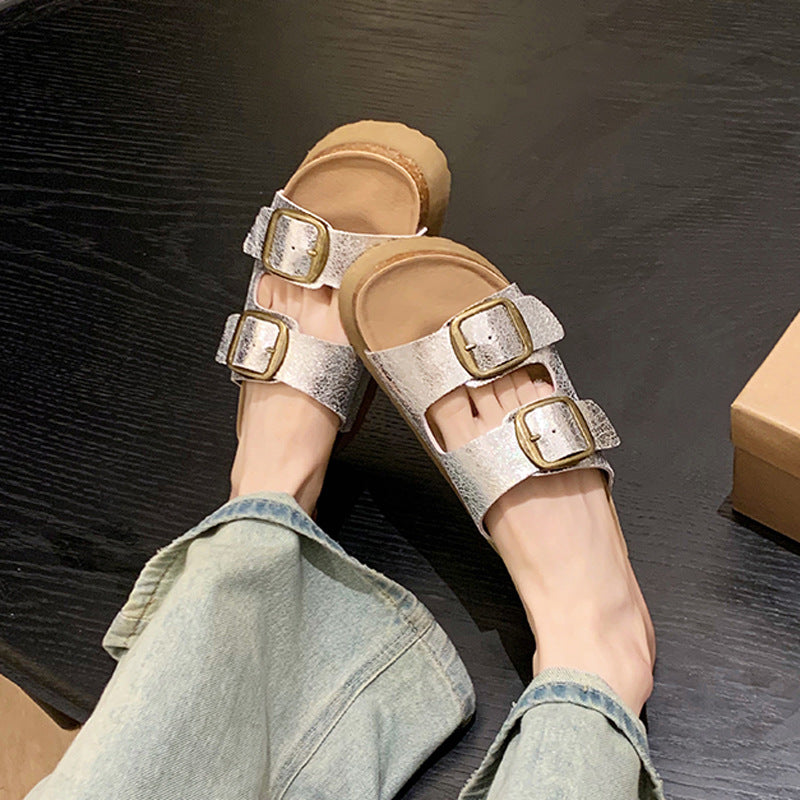 Women's Sier Thick Bottom Beach Retro Double Buckle With Slippers