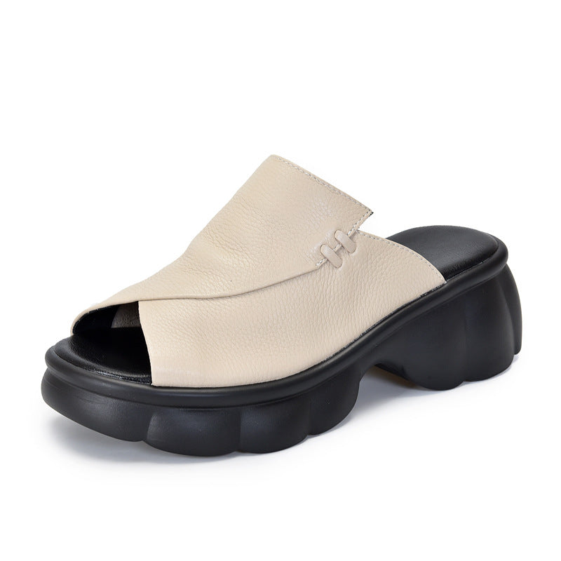 Women's Two-pair Thick-soled Muffin Top Layer Cowhide Slippers
