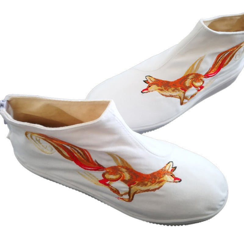 Men's Fox Embroidered White Chinese Artistic Style Rubber Canvas Shoes