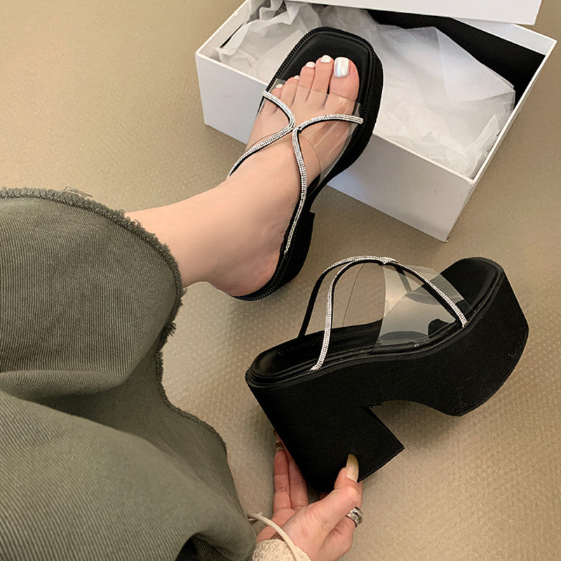Platform Wedge Super High Transparent Rhinestone Slippers