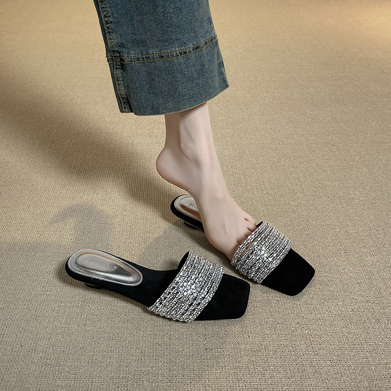 Delicate Rhinestone Slide Summer Wear Low Soft Bottom Wedge Slippers