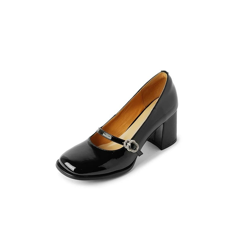 Black Chunky High Female Square Toe Leather Shoes