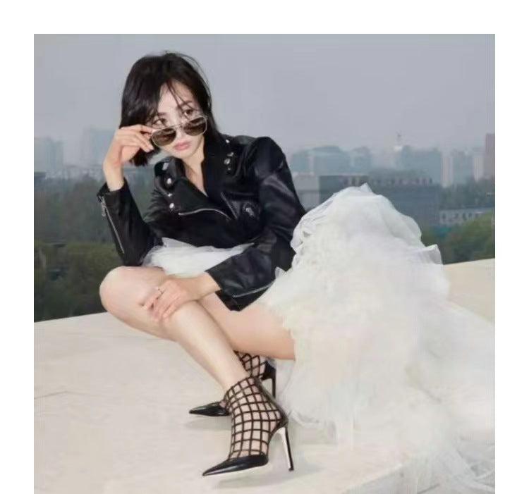 Women's Pointed High Pierced Black Stiletto Ankle Heels