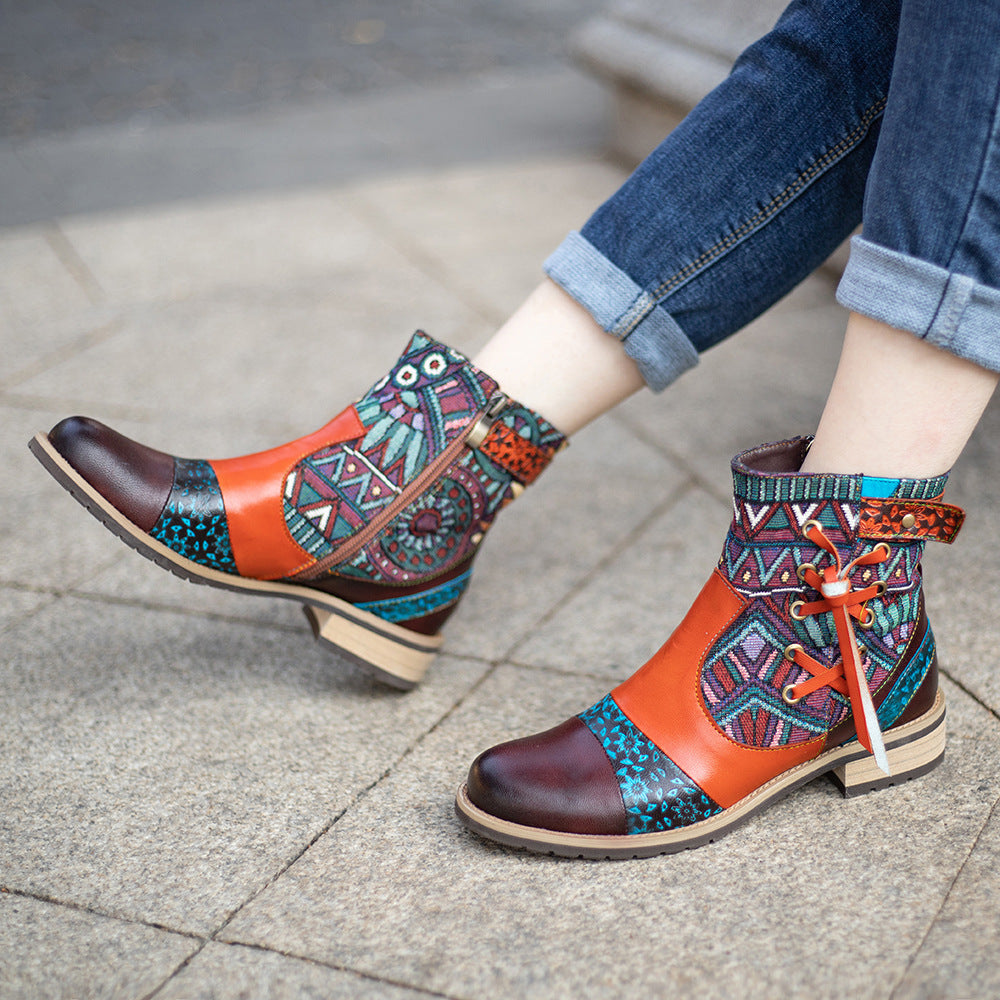 Women's Retro Printed Jacquard Side Zipper Flat Boots