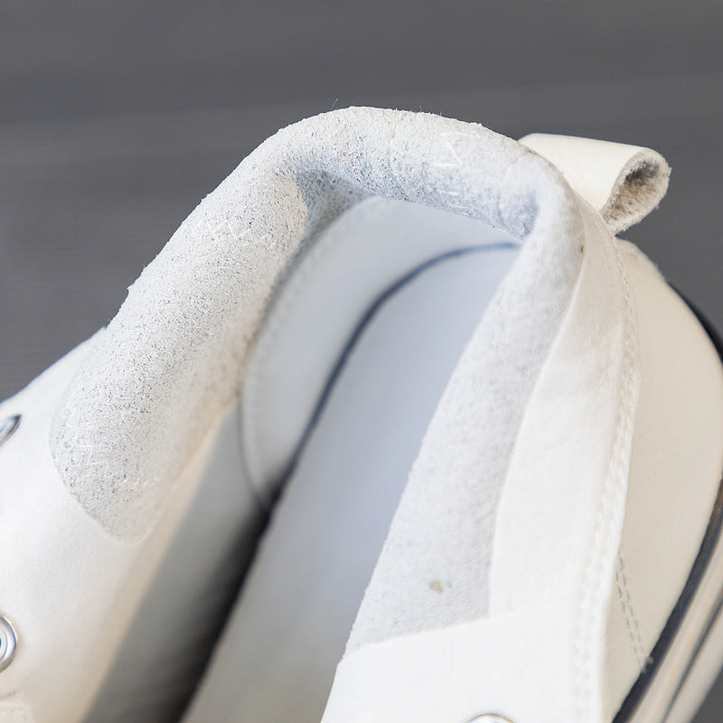 Women's & Men's High Top White Cowhide Flat Round Sneakers