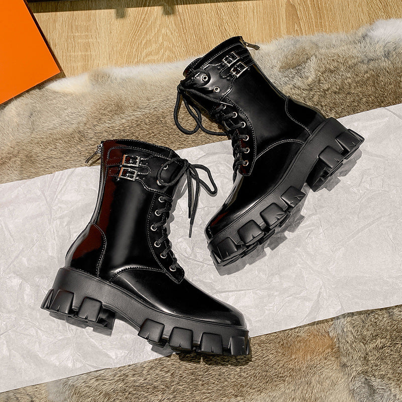 Women's Platform Motorcycle High Round Toe Black Length Preppy Boots