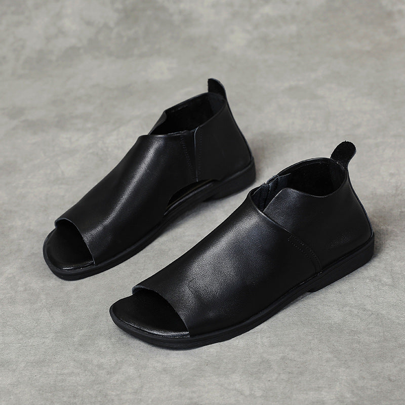 Genuine Slip On Peep Toe Flat Low Soft Sandals
