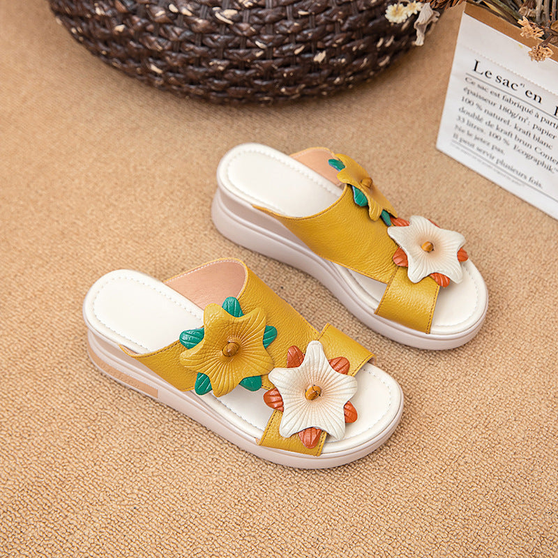Women's Layer Cowhide Outer Wear Flower Wedge Slippers