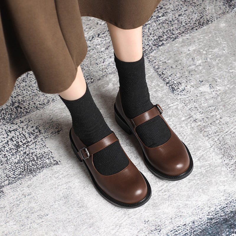 Mary Jane Round Head Buckle Low-cut Heels