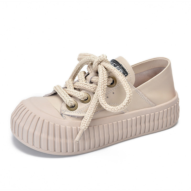 Women's Genuine Pumps Thick Bottom Platform Lace Up Round Casual Shoes