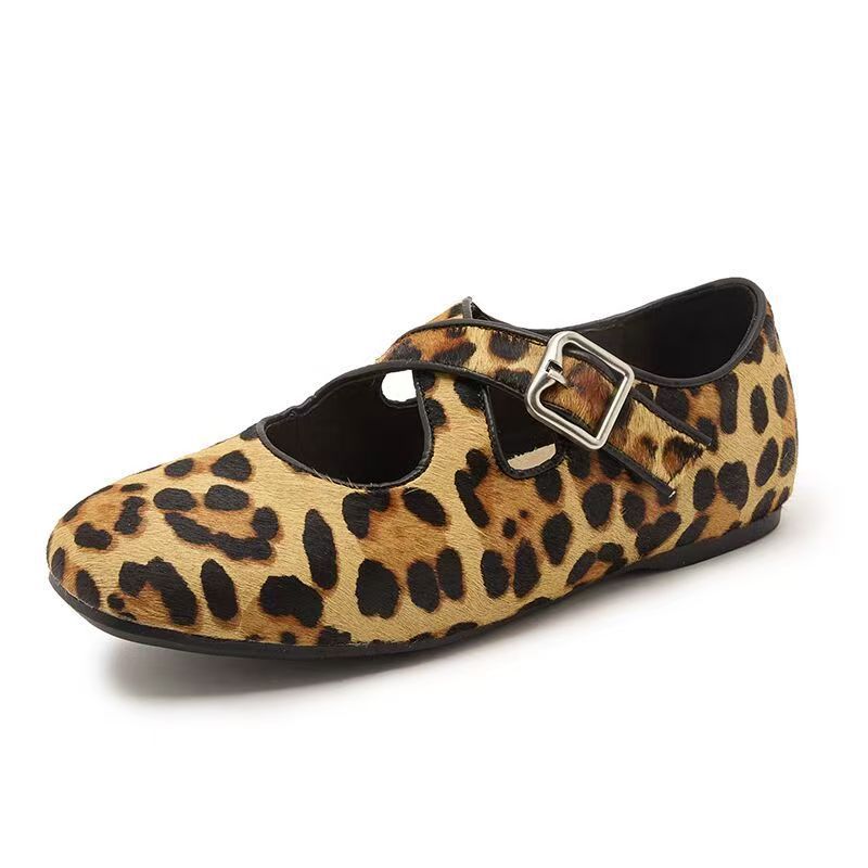 Women's Surface Genuine Cross Leopard Print Comfortable Flat Mary Women's Fashion Shoes
