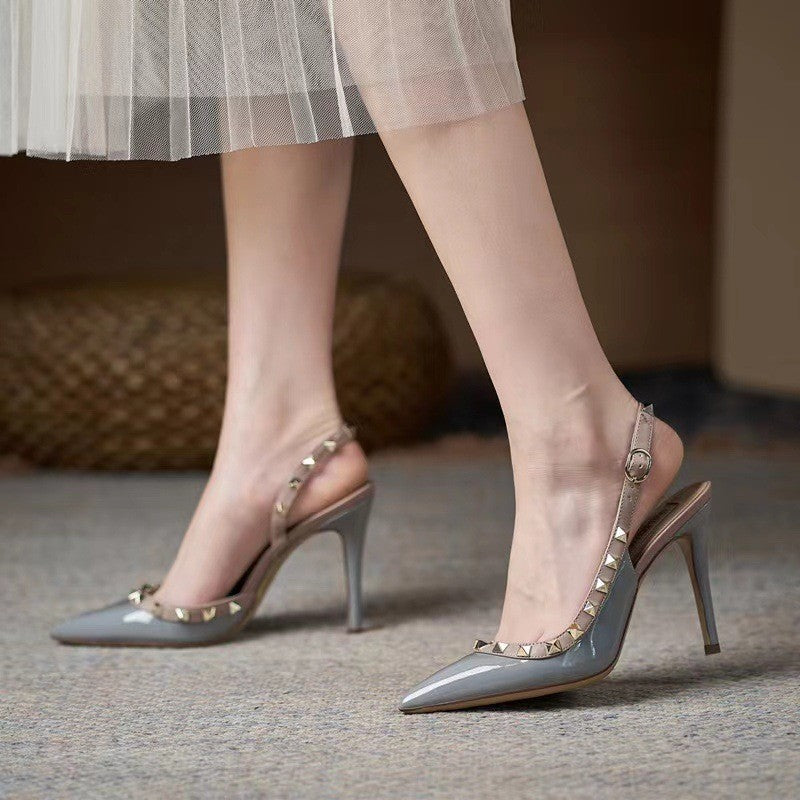 Women's Rivet Buckle High Pointed Toe Stiletto Box Orange Heels