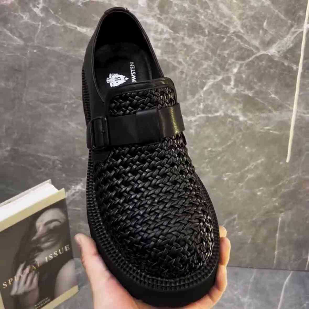 Men's Platform Tide Hand-woven Slip-on Hollow Breathable Business Height Leather Shoes