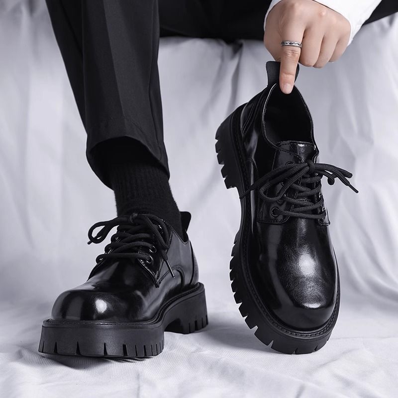 Men's Black British Style Soft Bottom Business Height Increasing Leather Shoes
