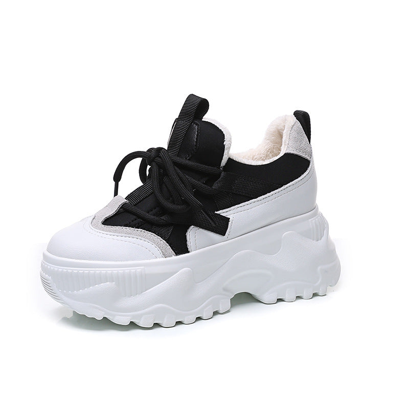 Women's White Height Increasing Insole Fleece-lined Korean Sneakers