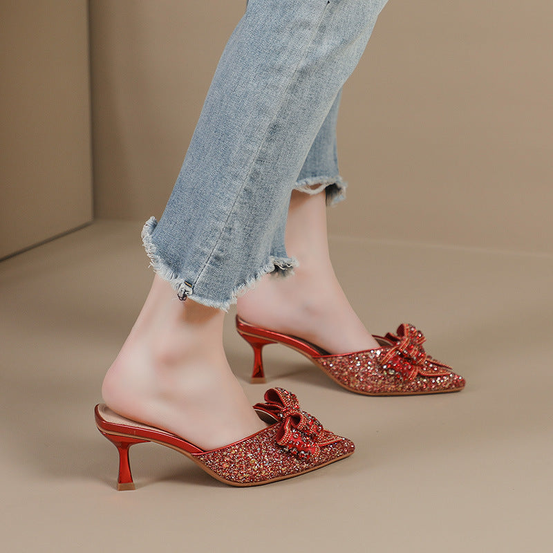 Women's Rhinestone Bow Closed Toe Half Summer Heels