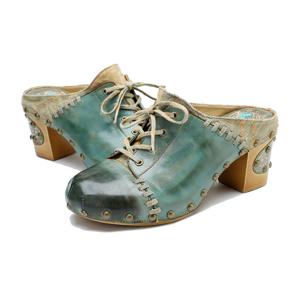 Genuine Hand-rub Color Retro Street Style Rivet Heels