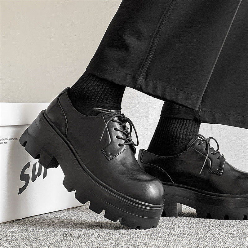 Men's Platform Height Increasing Derby High-grade Black Leather Shoes