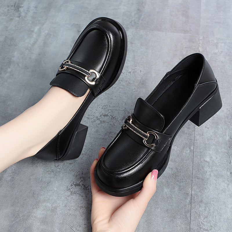 Soft Bottom Mid Mom British Style Slip-on Black Single-layered Women's Fashion Shoes