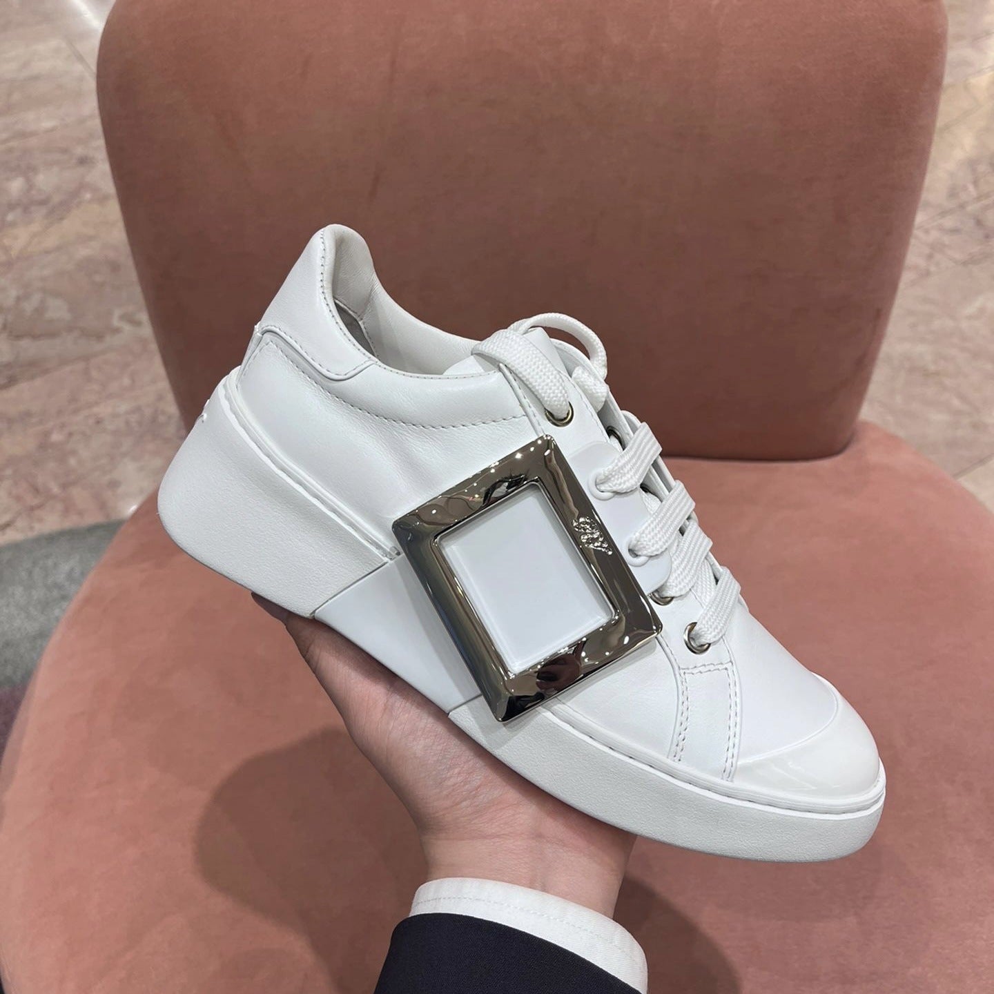 Women's Rhinestone Square Buckle White Inner Height Casual Shoes