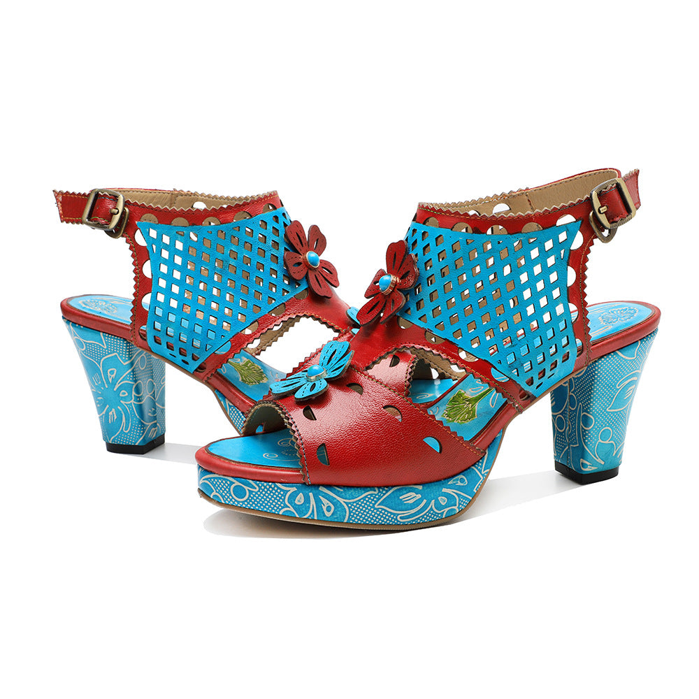 Genuine Hand-rub Color Retro Hollow Design Heels