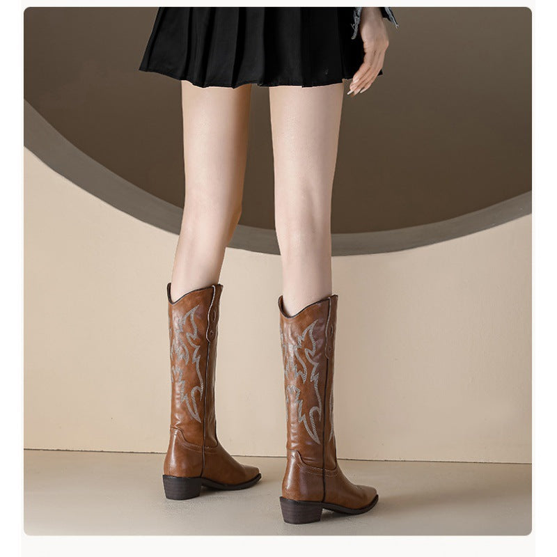 Women's Cowboy Chunky Embroidery Knight Retro Plus Boots