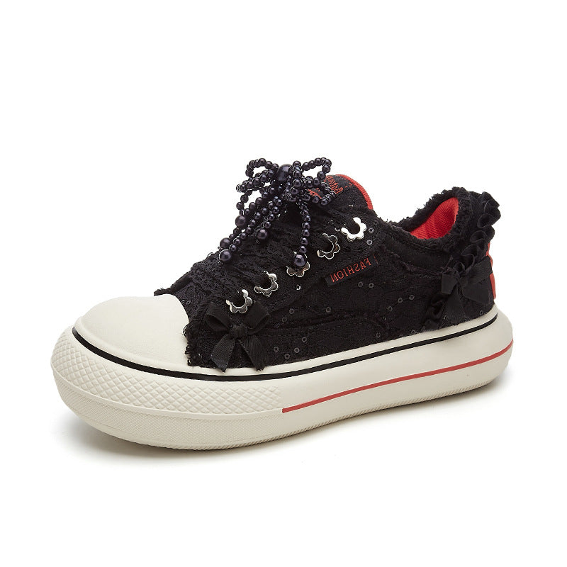 Women's Surface Thin Breathable Lace Pearl Platform Sneakers