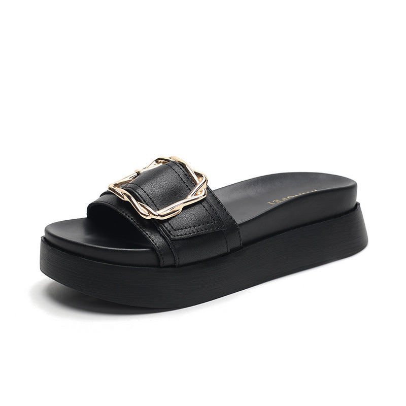 Women's Full Cowhide Fashionable Outerwear Summer Platform Slippers