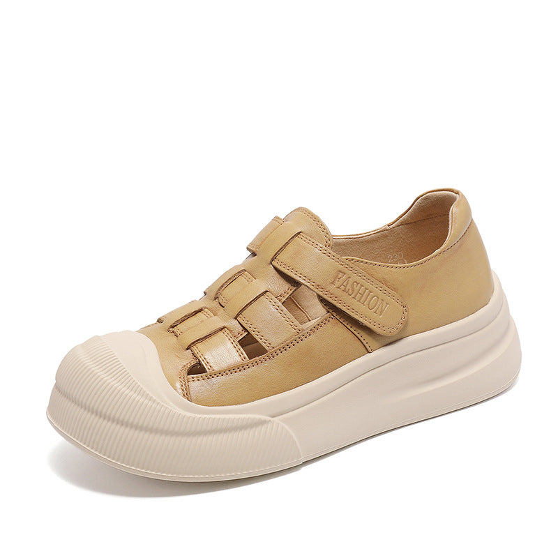 Thick Bottom Toe Cap Hollow Top Layer Cowhide Sandals