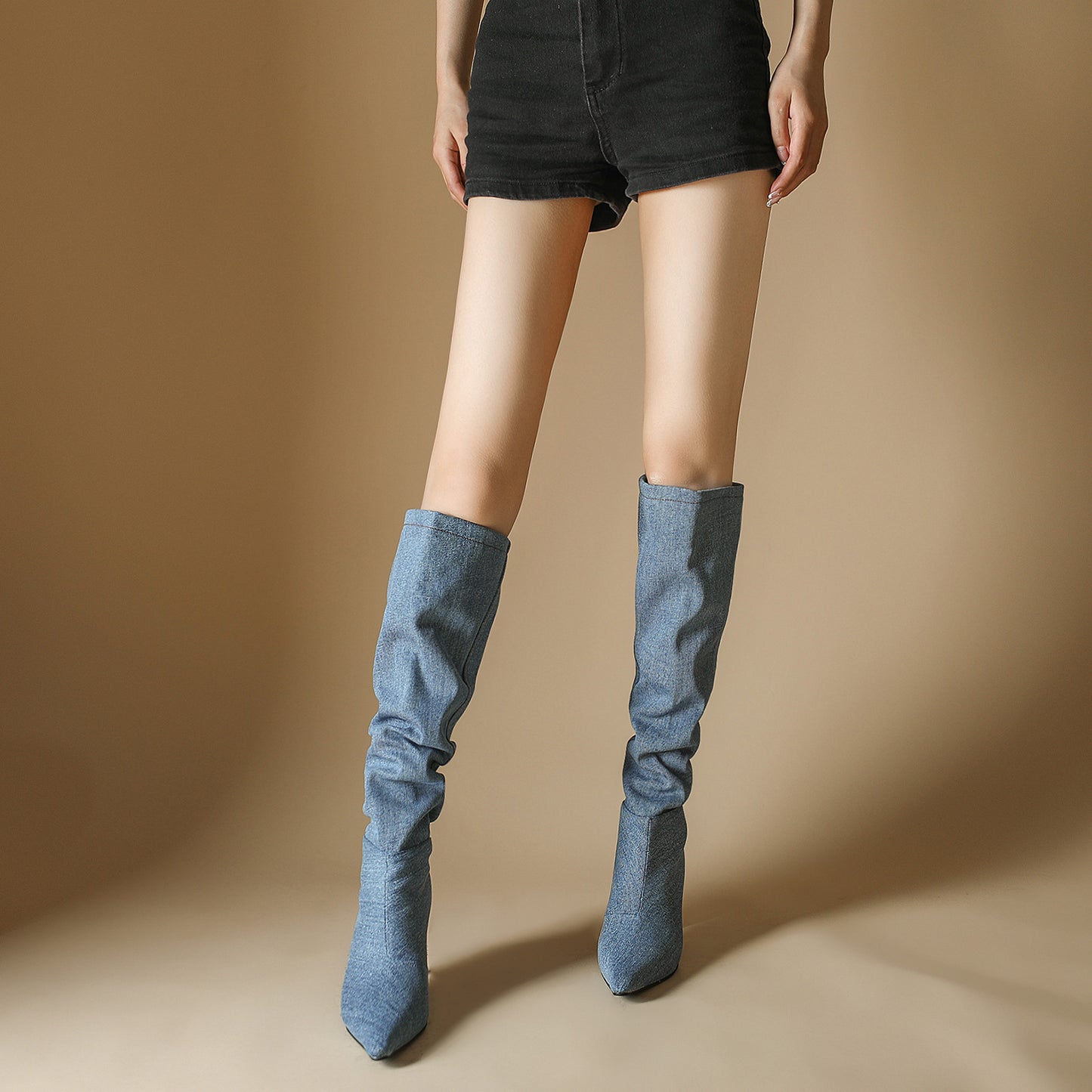 Women's Denim Pile Style High Pointed Toe Boots
