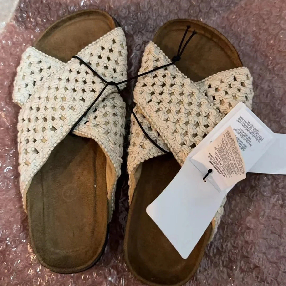 Women's Cowhide Version Cross Strap Knitted Outdoor Slippers