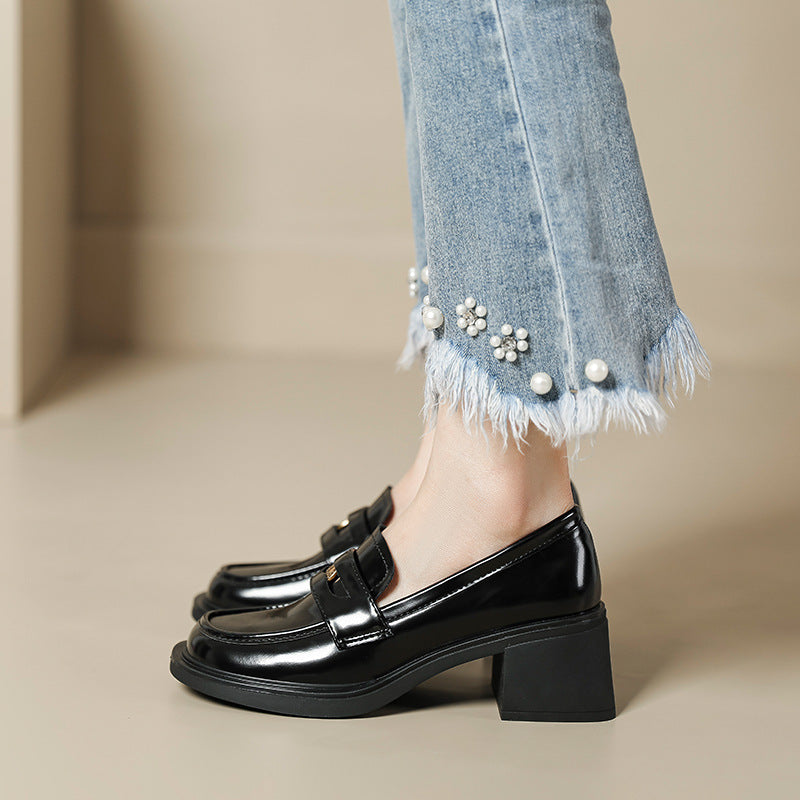 Women's Round Head Gold Coin Increased Chunky Loafers