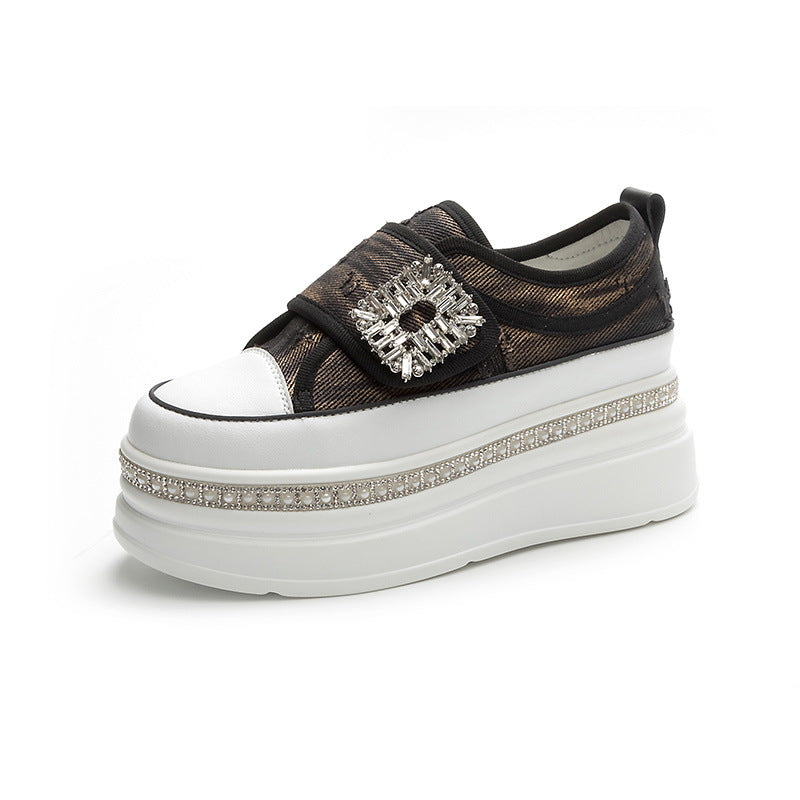 Women's Velcro Small White Autumn Thick Bottom Increased Rhinestone Board Women's Casual Shoes