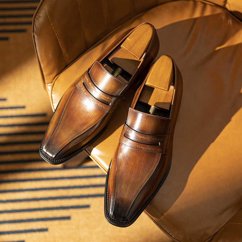Cowhide Cover Square Toe Hand-rub Color Leather Shoes