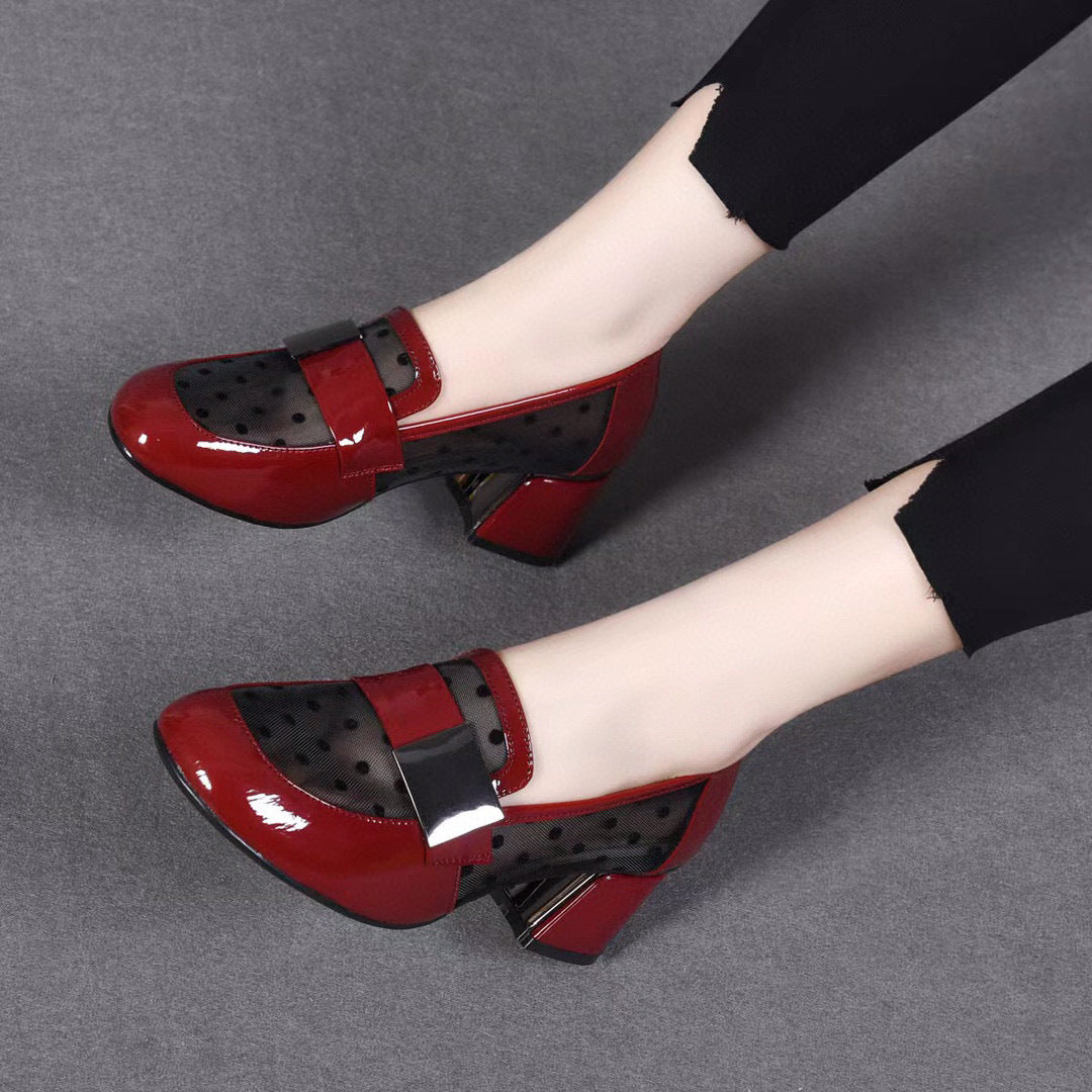 Women's High Spring Round Head Chunky Patent Heels