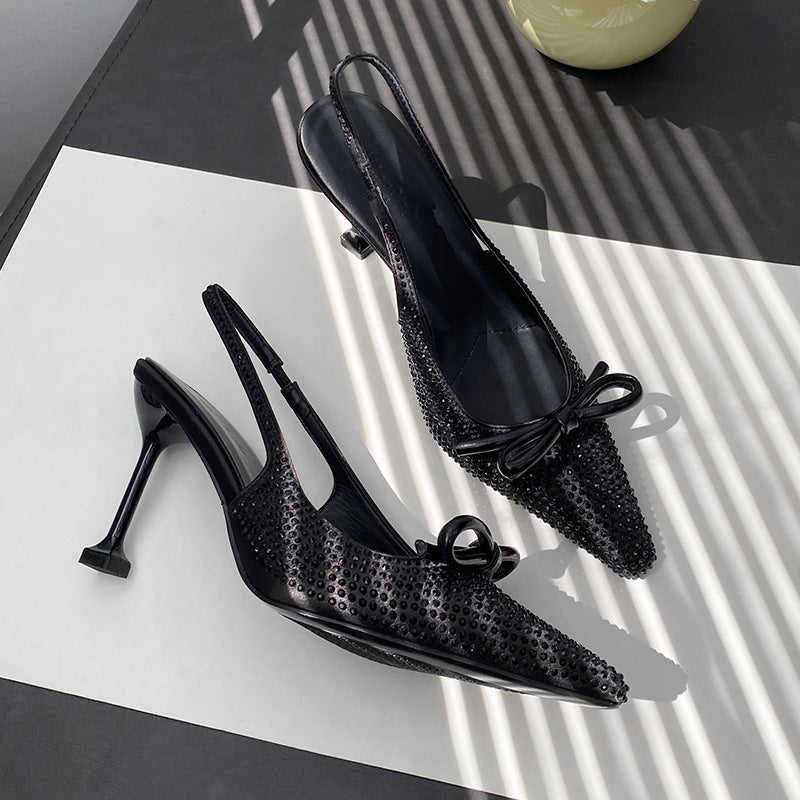Show Stiletto Square Toe Bow High Closed Rhinestone Heels