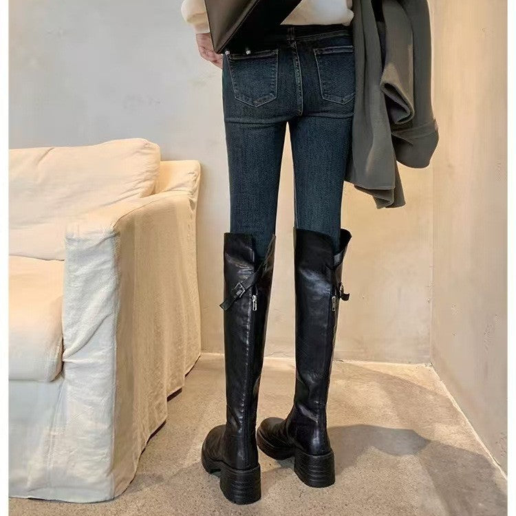 Combat Round Toe Pleated Chunky Thigh High Boots