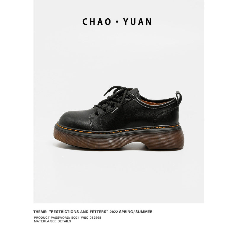 Women's Autumn British Style Round Head Lace Plus Leather Shoes