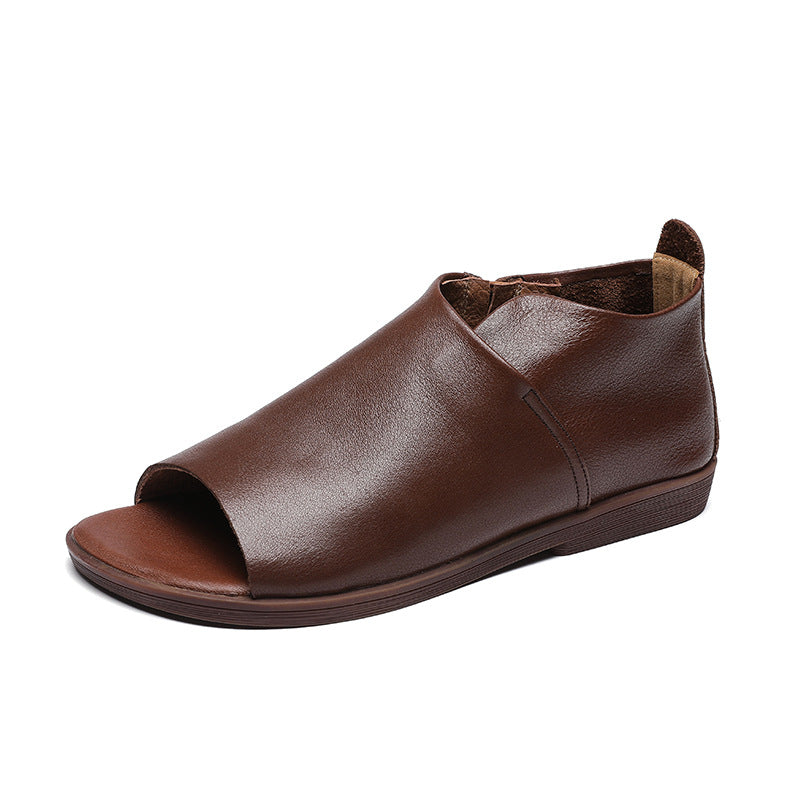 Genuine Slip On Peep Toe Flat Low Soft Sandals