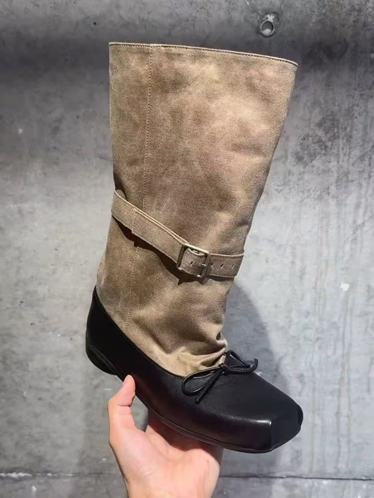 Women's Bowknot Ballet Short Pleated Outer Wear Pile Boots